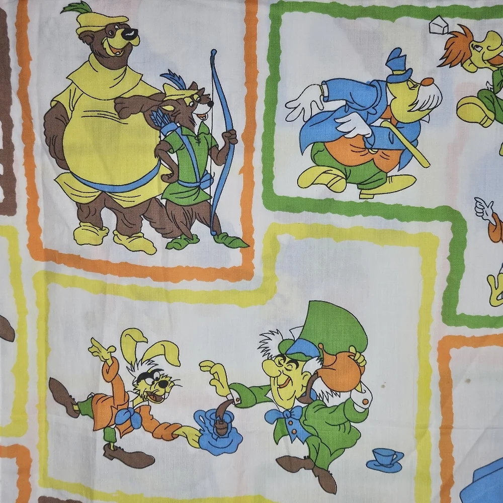 VTG Disney Alice in Wonderland Bambi Robin Hood Mickey Twin Flat Sheet 59.5